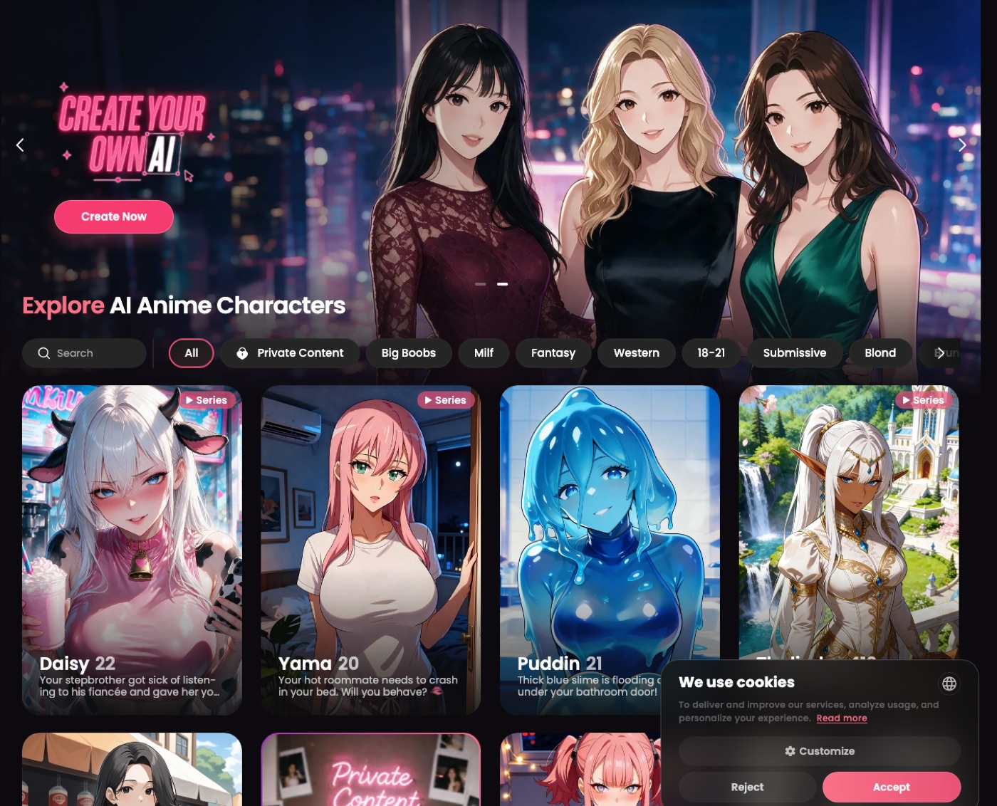 Candy AI app: anime character gallery and the Create your own AI banner